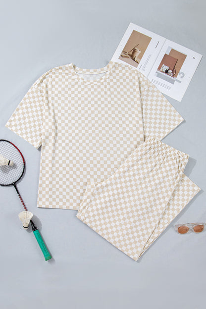 Conjunto de dos piezas de salón de camiseta de manga media y pantalones sueltos con estampado a cuadros en talla grande color caqui