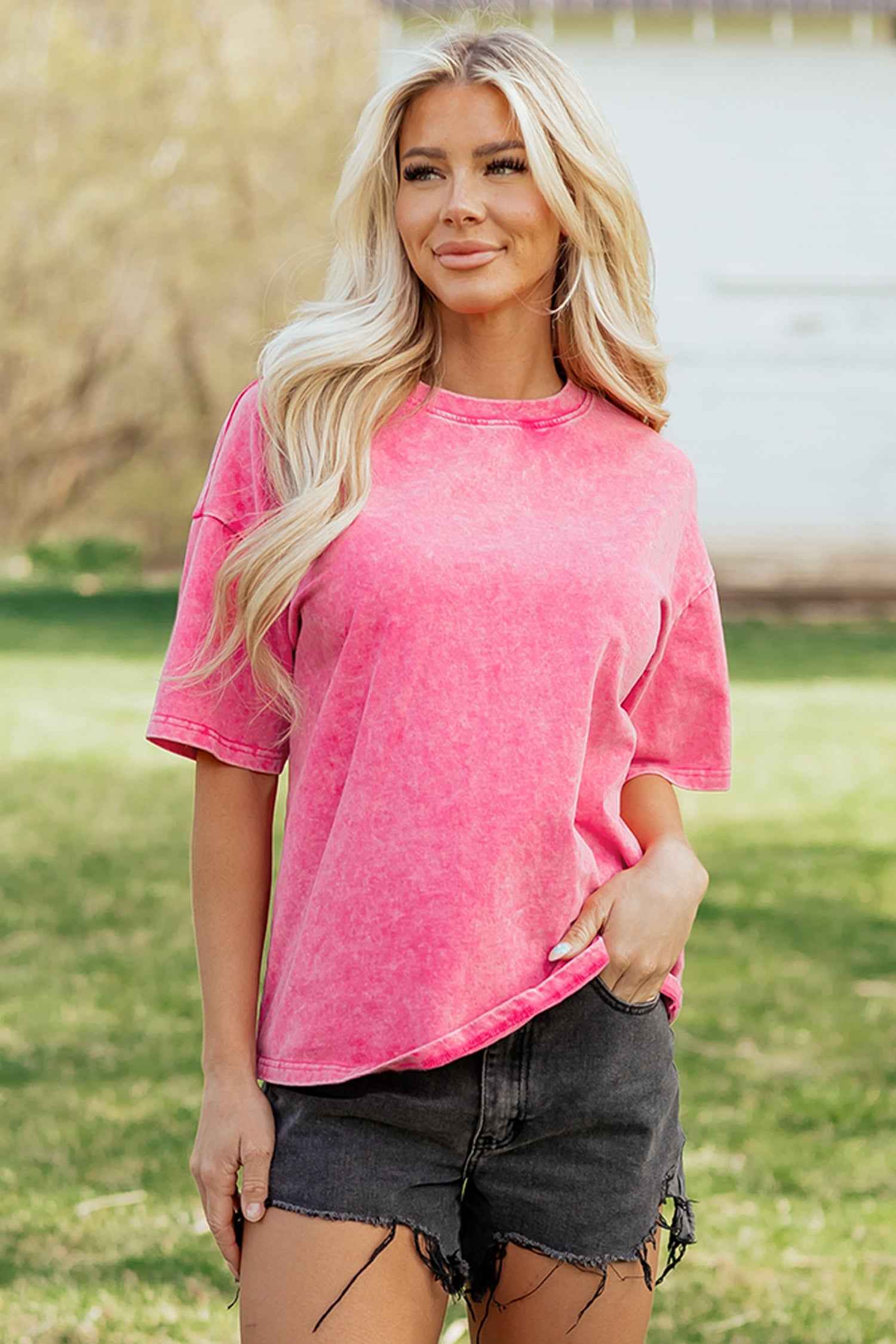 Dark Grey Solid Color Cotton Mineral Washed Oversize Tee