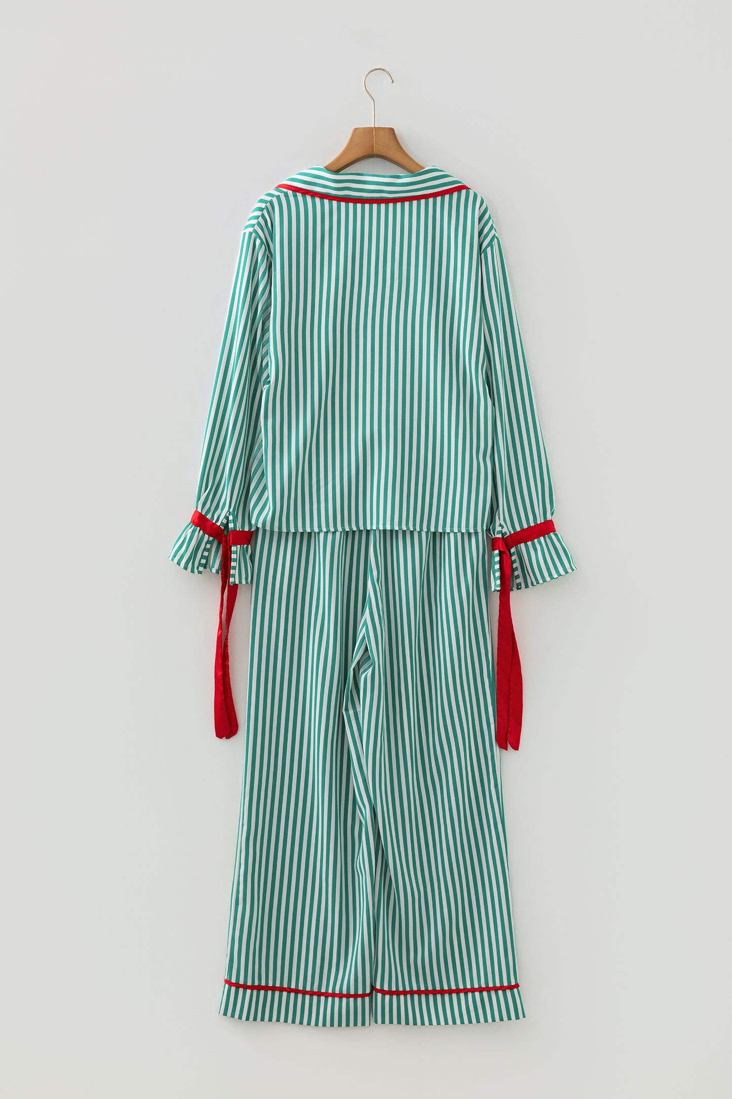 Green Stripe Contrast Velvet Trim Bow Knot Waist 2pcs Pajama Set - Snoopy's Closet