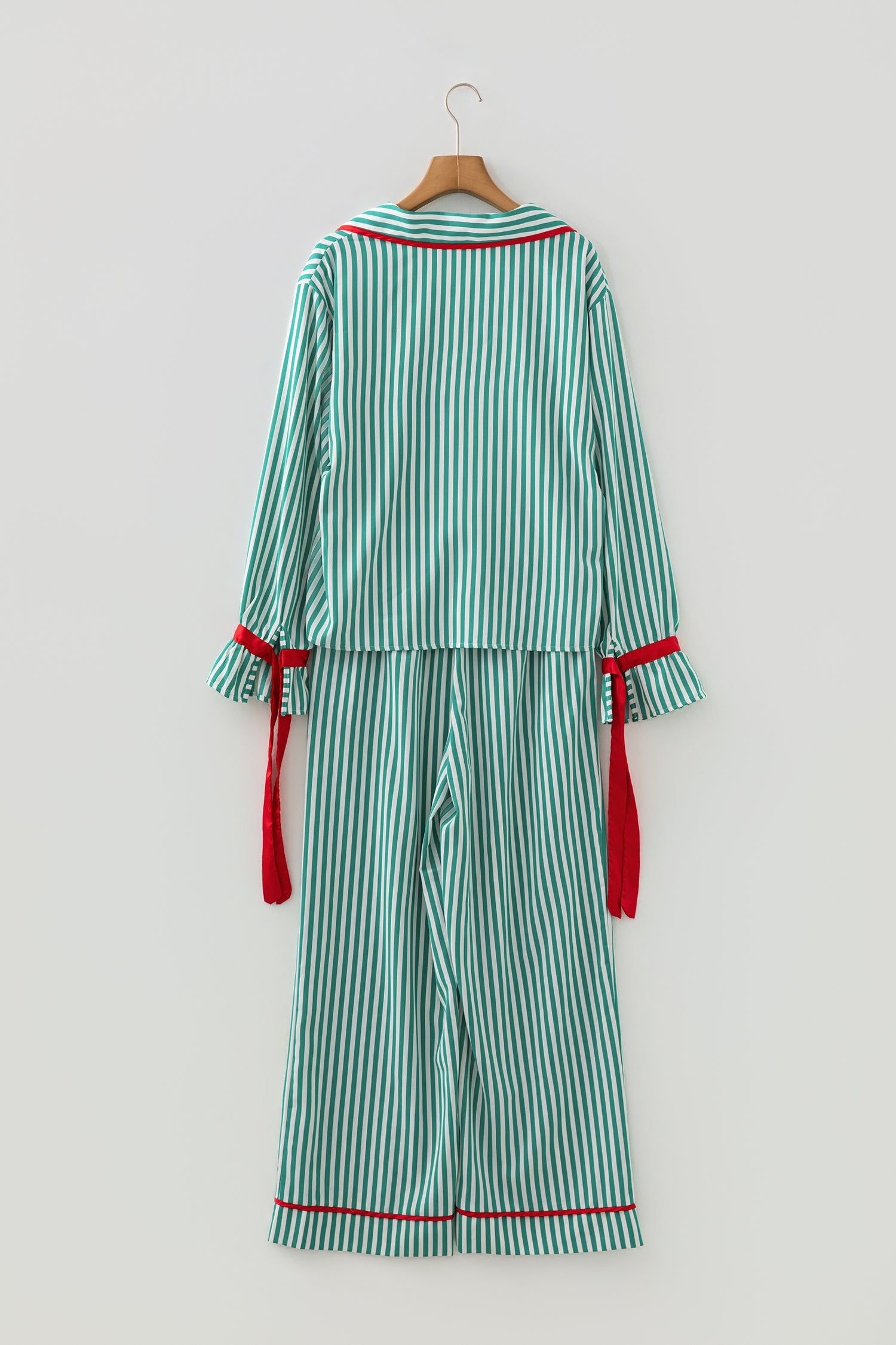 Green Stripe Contrast Velvet Trim Bow Knot Waist 2pcs Pajama Set - Snoopy's Closet