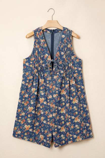 Mameluco Vaquero Holgado sin Mangas con Cuello en V, Estampado Floral Retro Azul y Lazo Plisado