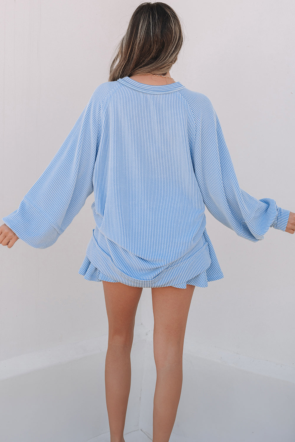 Sky Blue Corded Lantern Sleeve Top High Waist Ruffled Mini Skort Set - Snoopy's Closet