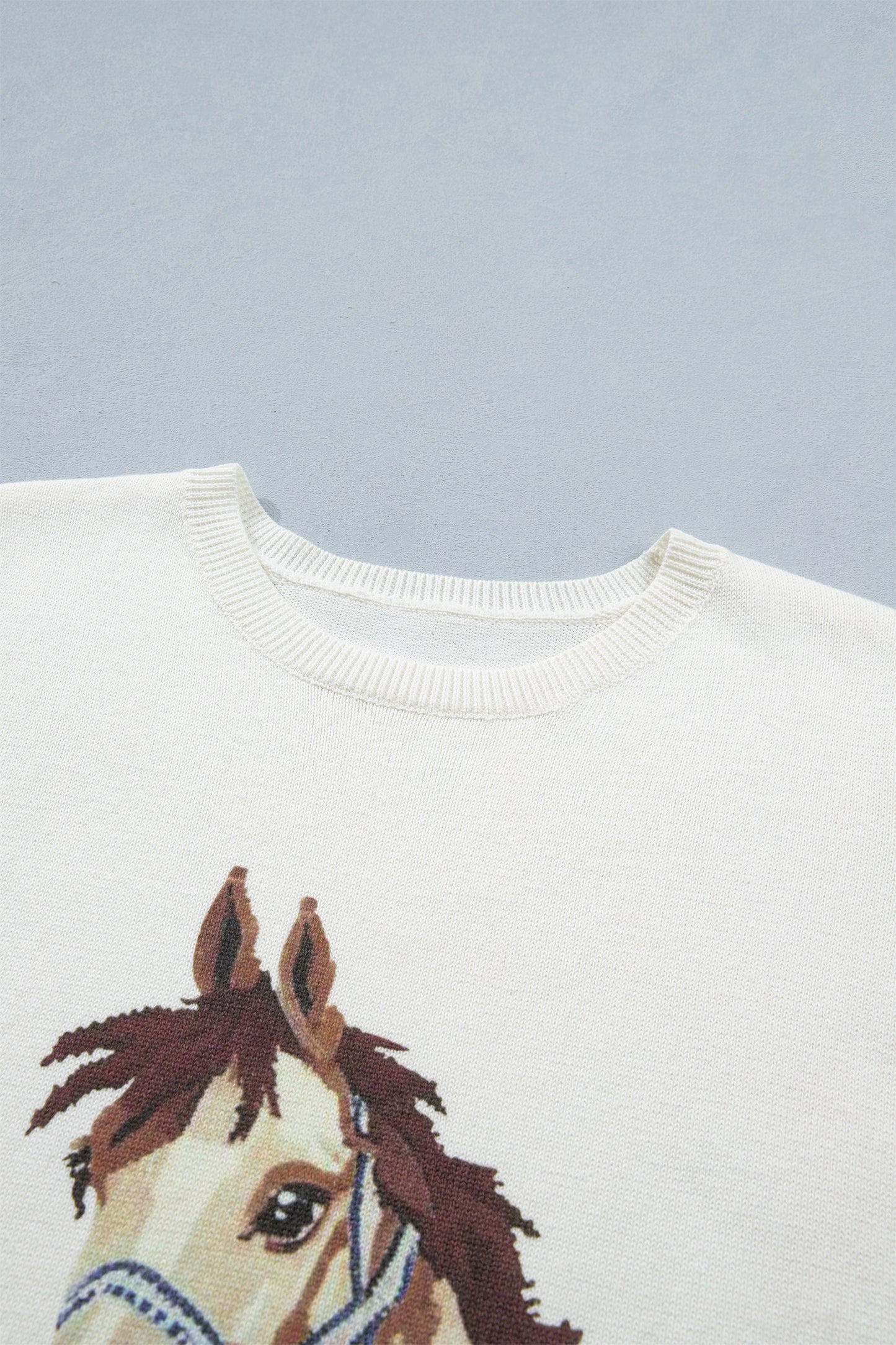 White Wild West Horse Head Printed Short Sleeve Sweater - Snoopy's Closet