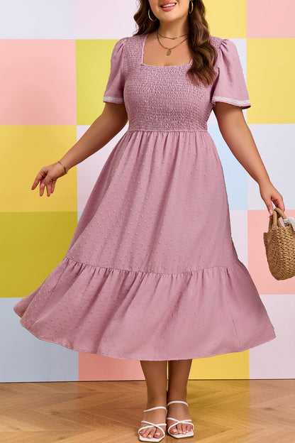 Vestido Midi Fluido Rosa Talla Grande con Manga Corta, Puntos Suizos y Cintura Fruncida