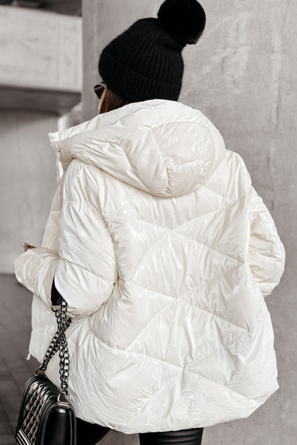 White Solid Quilted Hooded Zip Up Puffer Coat - Snoopy's Closet