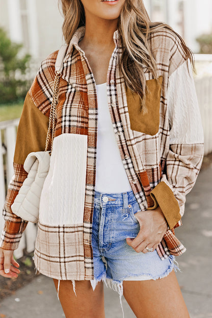 Camisa chaqueta con bolsillos y bloques de color a cuadros naranjas