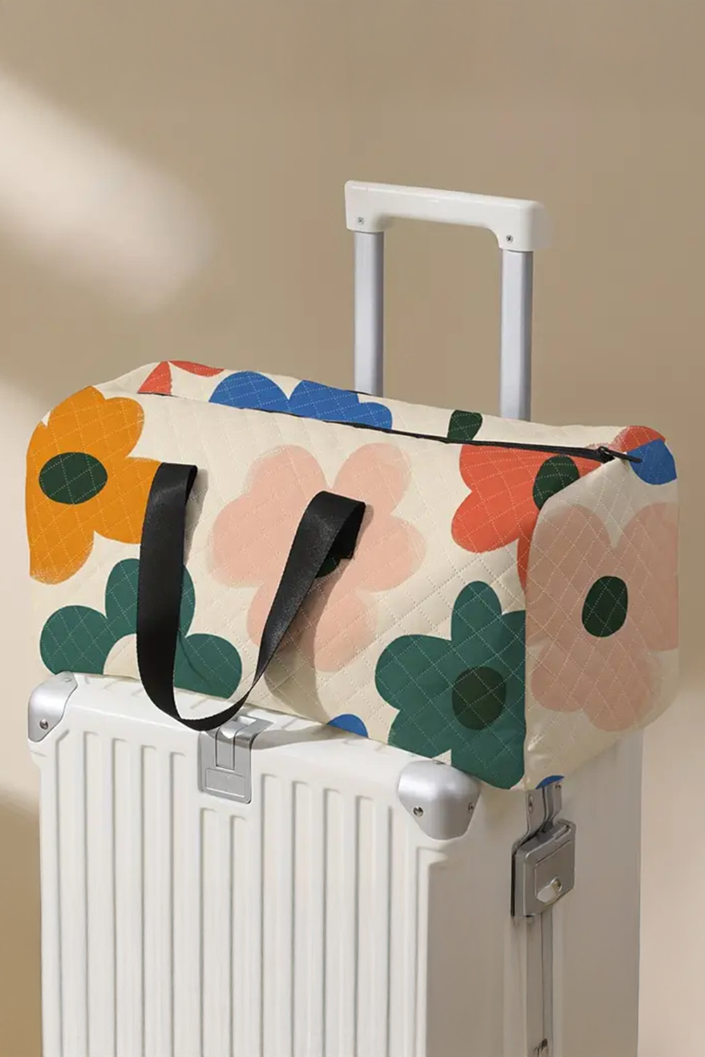 White Flower Print Quilted Large Duffel Bag - Snoopy's Closet