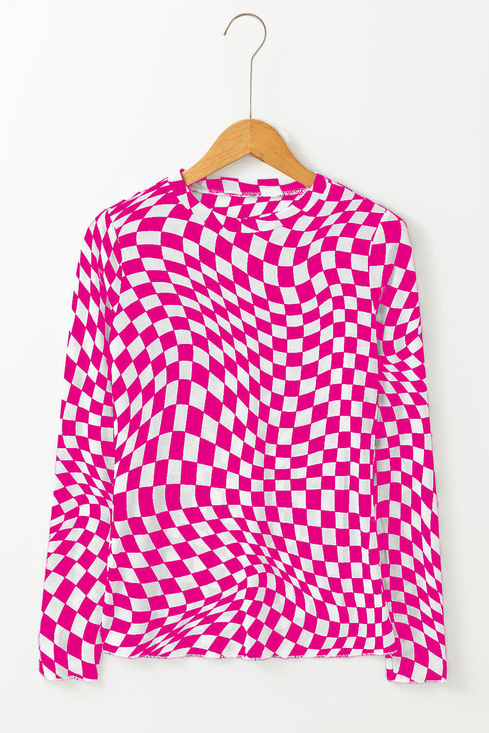 Black Checkered Pattern Mesh Mock Neck Long Sleeve Top - Snoopy's Closet