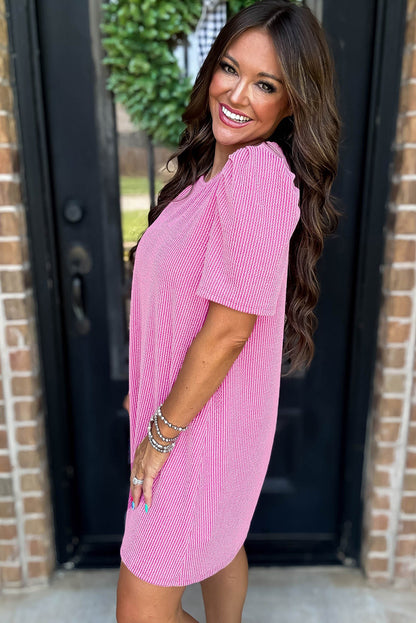Bright Pink Corded Knit Crew Neck Puff Sleeve Shift Mini Dress - Snoopy's Closet
