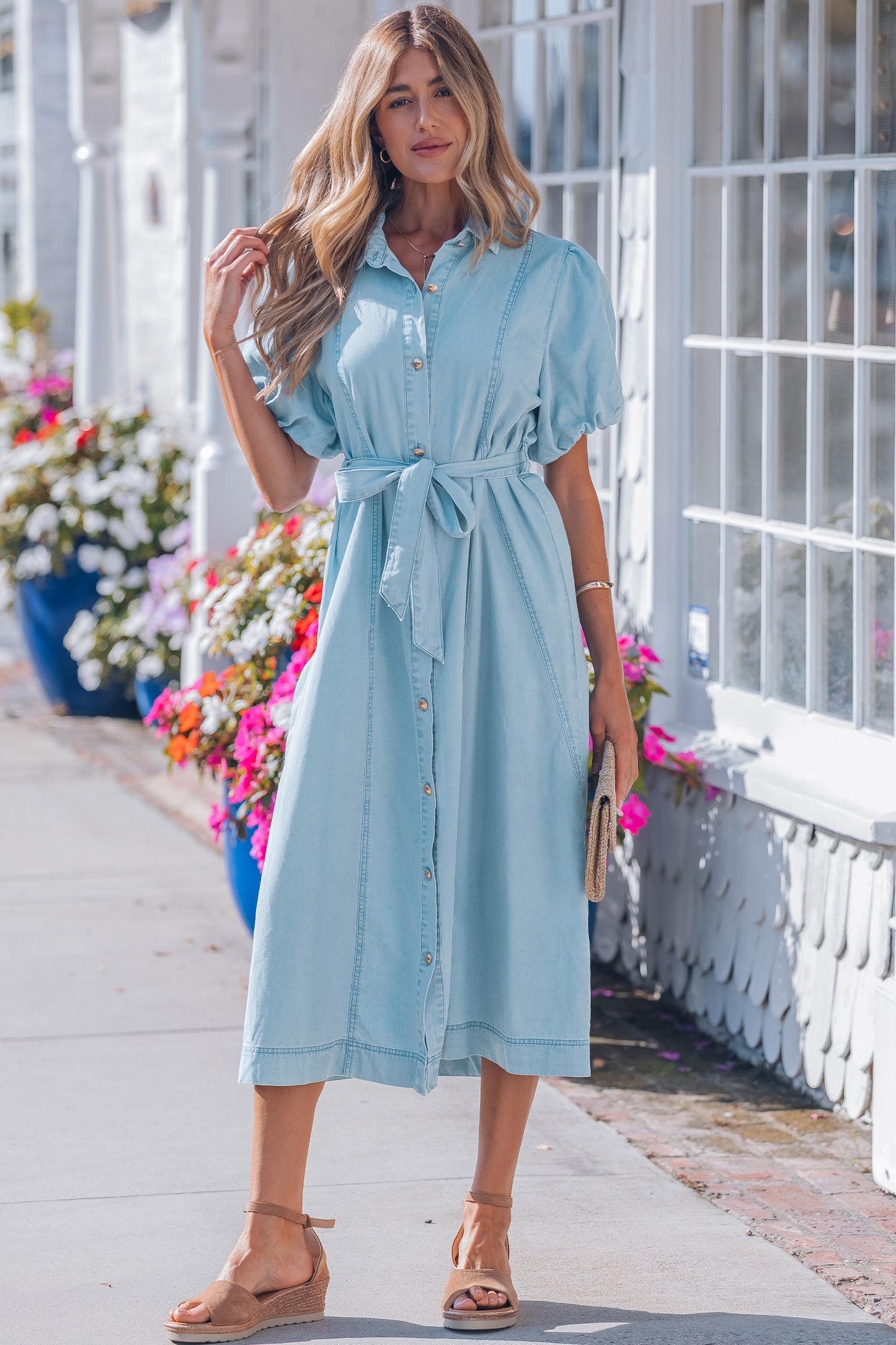 Sail Blue Full Buttons Collared Short Bubble Sleeve Long Denim Dress - Snoopy's Closet