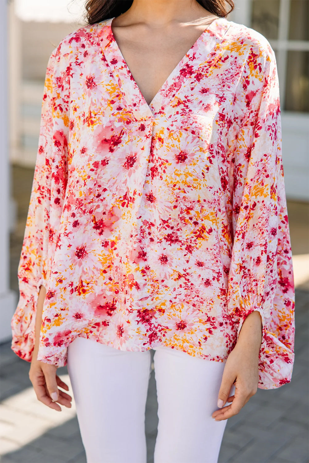 Pink Ditsy Floral Bubble Sleeve V Neck Blouse - Snoopy's Closet