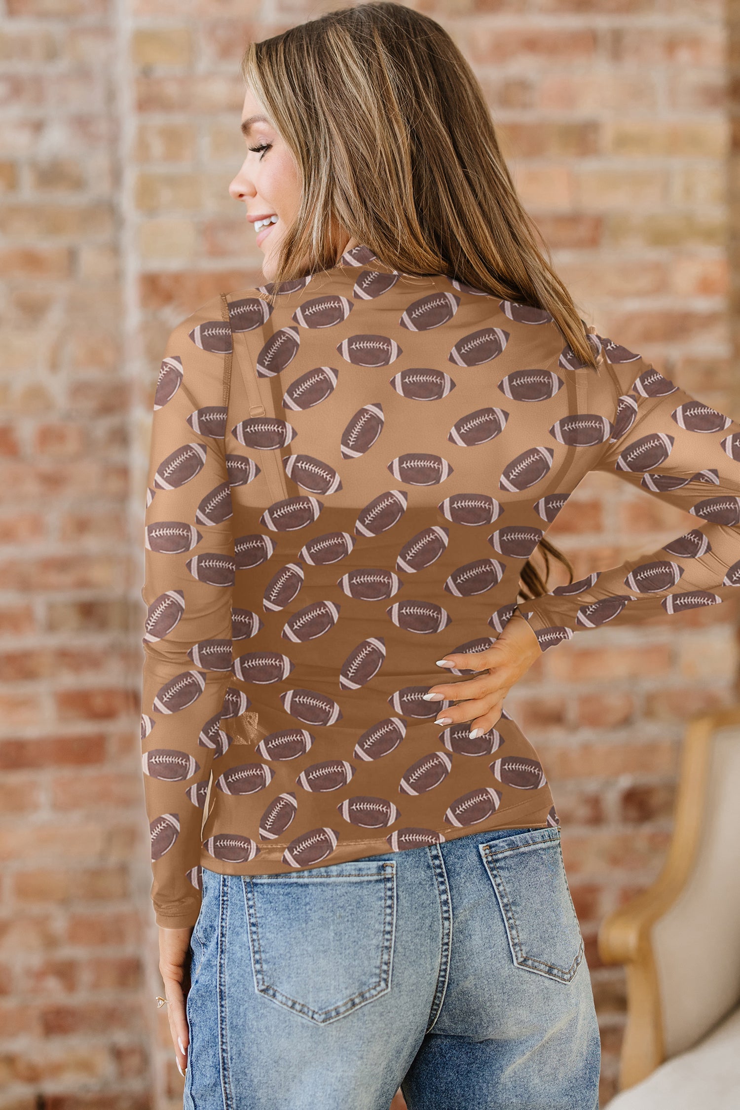 Brown Game Day Rugby Mesh Sheer Long Sleeve Top - Snoopy's Closet