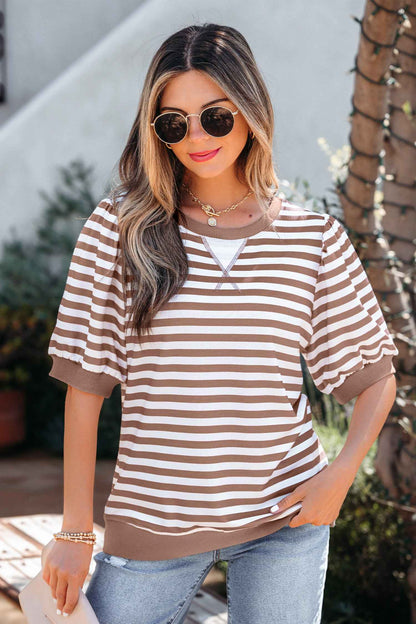 Sky Blue Stripe Short Bubble Sleeve T Shirt