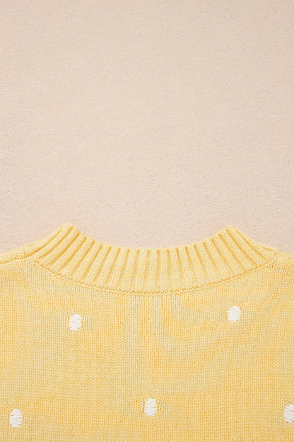 Suéter amarillo crema elegante de manga corta abullonada con lunares