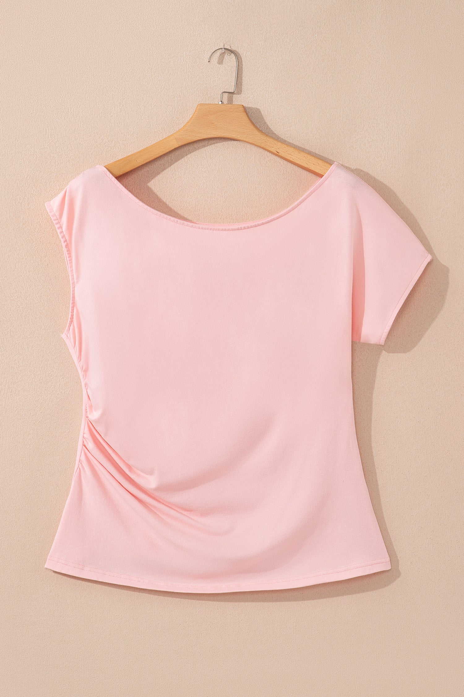Gossamer Pink Plus Size Solid Color Asymmetric Neck Short Sleeve Blouse - Snoopy's Closet