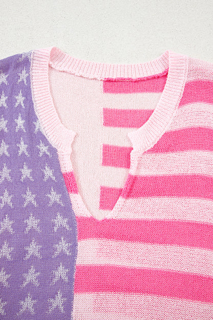 Pink Stripe USA Flag Notched Neckline Loose Sweater Vest - Snoopy's Closet