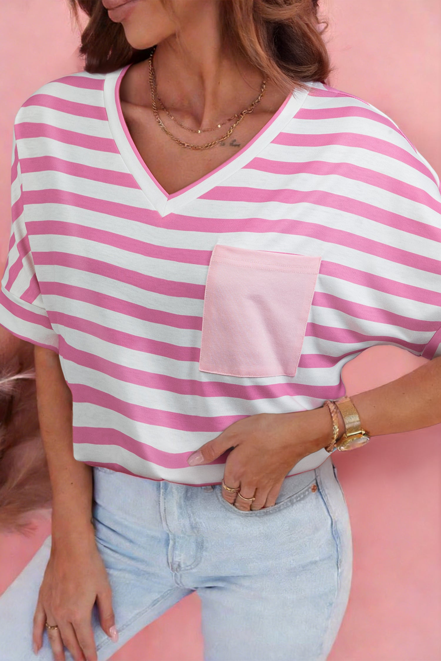 Pink Stripe V Neck Patched Pocket Casual T Shirt - Snoopy's Closet