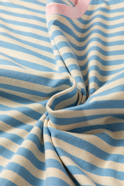 Sky Blue Stripe Contrast Crew Neck Drop Shoulder Loose Tee - Snoopy's Closet