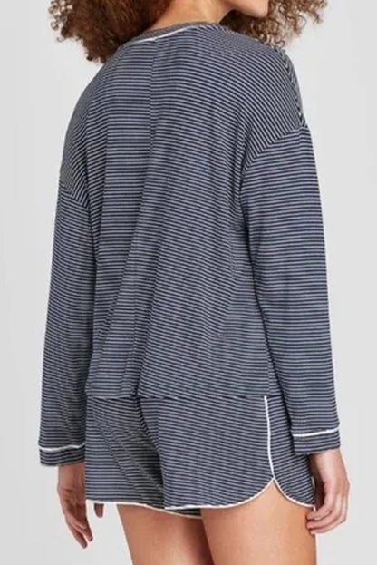 Blue Stripe Drop Shoulder Round Neck Long Sleeve Tee and Buttoned Shorts 2pcs Lounge Set - Snoopy's Closet