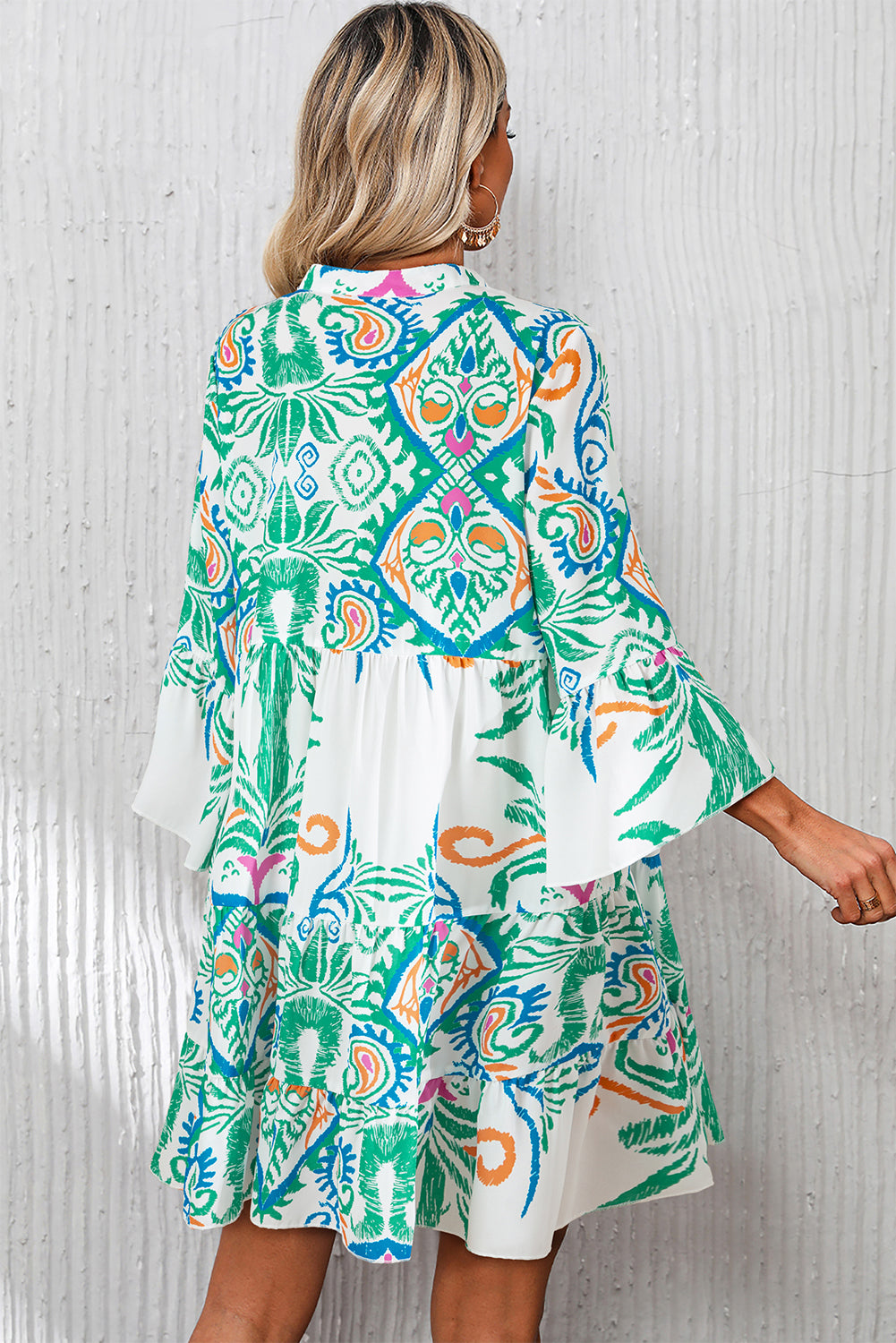 White Printed Tribal Bracelet Sleeve Buttoned Mini Dress - Snoopy's Closet
