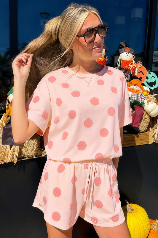 Pink Polka Dot Print Loose Tee Drawstring Elastic Waist Short Set - Snoopy's Closet