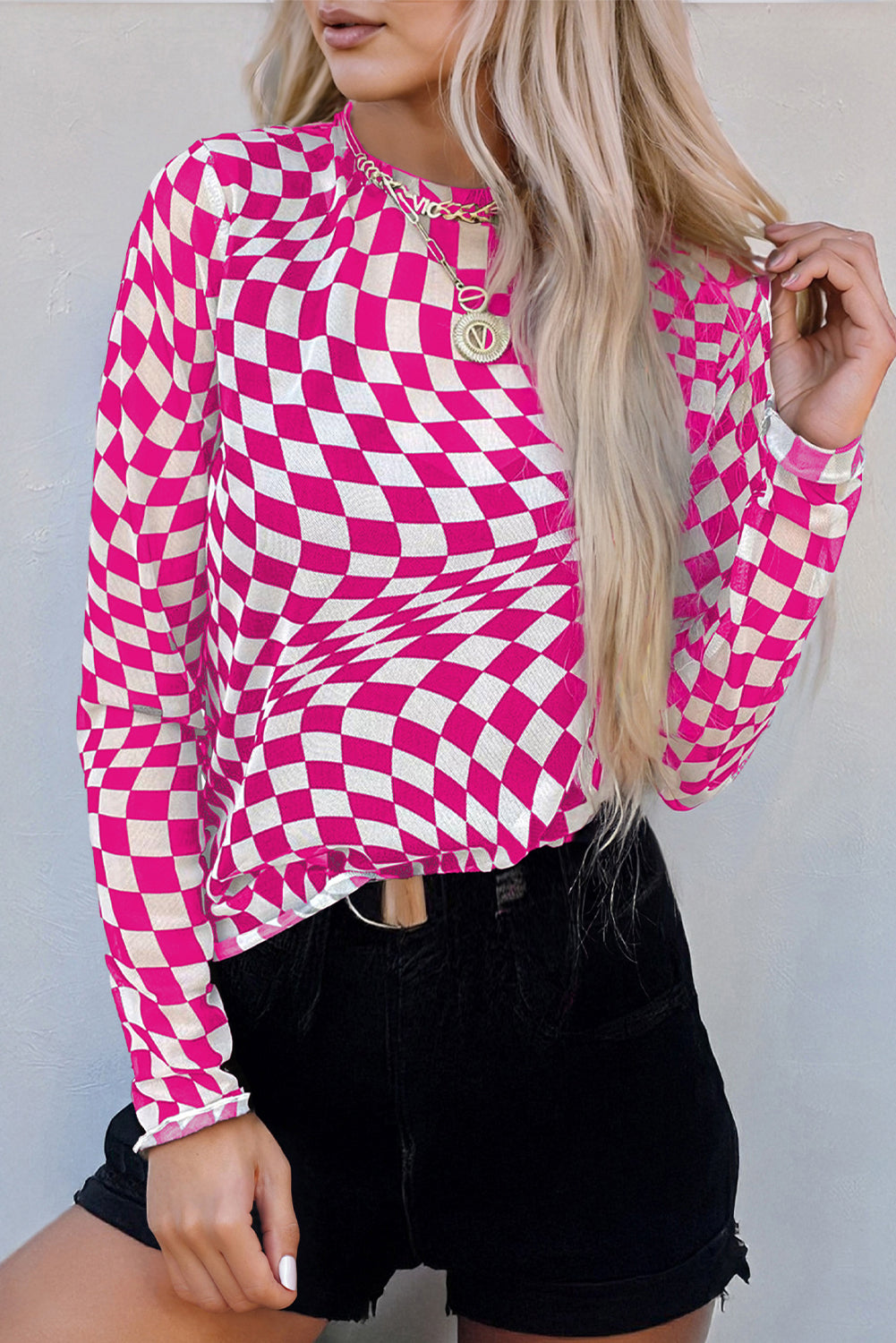 Black Checkered Pattern Mesh Mock Neck Long Sleeve Top - Snoopy's Closet
