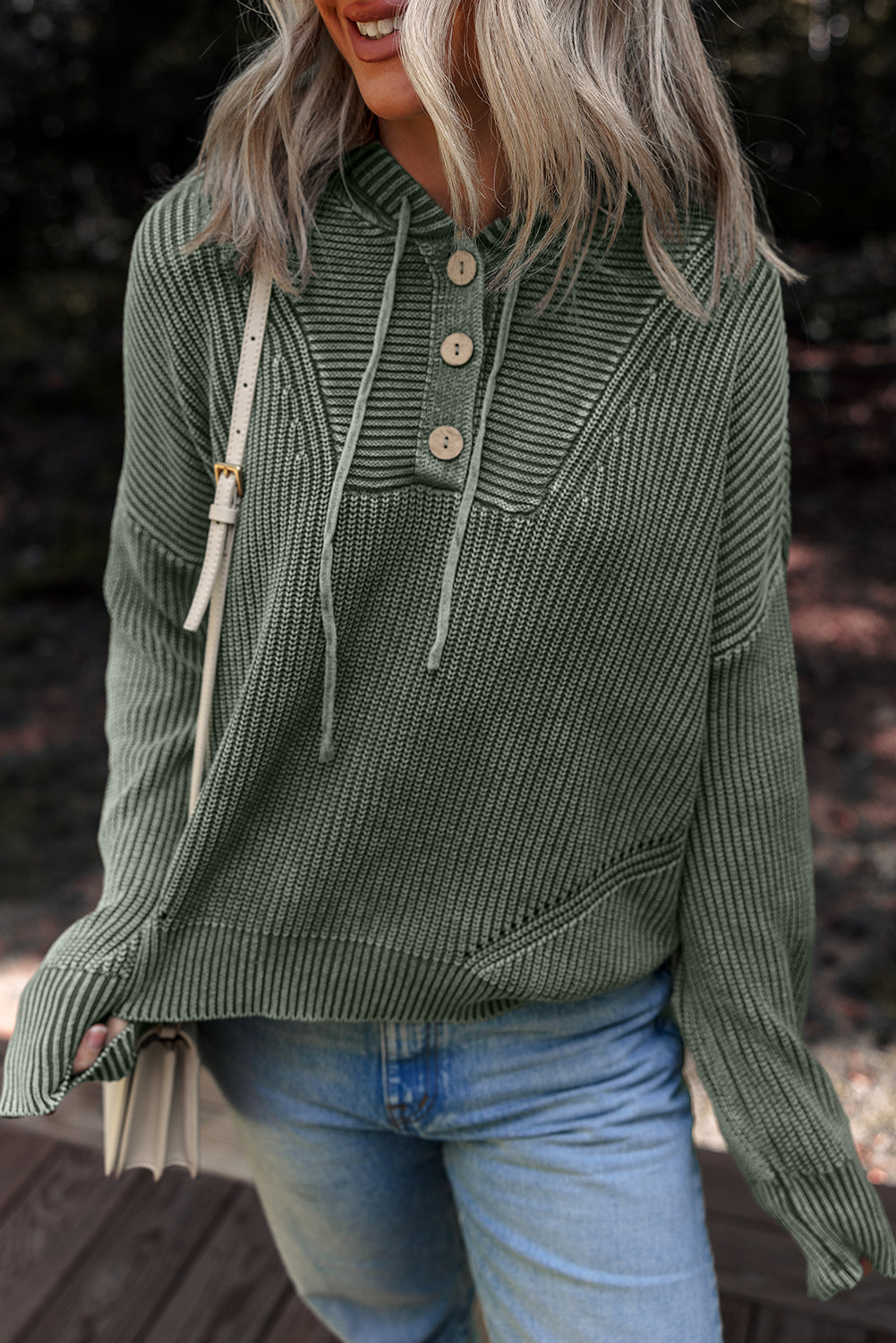 Mist Green Mineral Wash Ribbed Knit Button Drawstring Neck Hooded Sweater - Snoopy's Closet