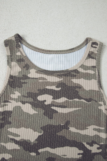 Green Camouflage Print Ribbed Knit Round Neck Tank Top - Snoopy's Closet