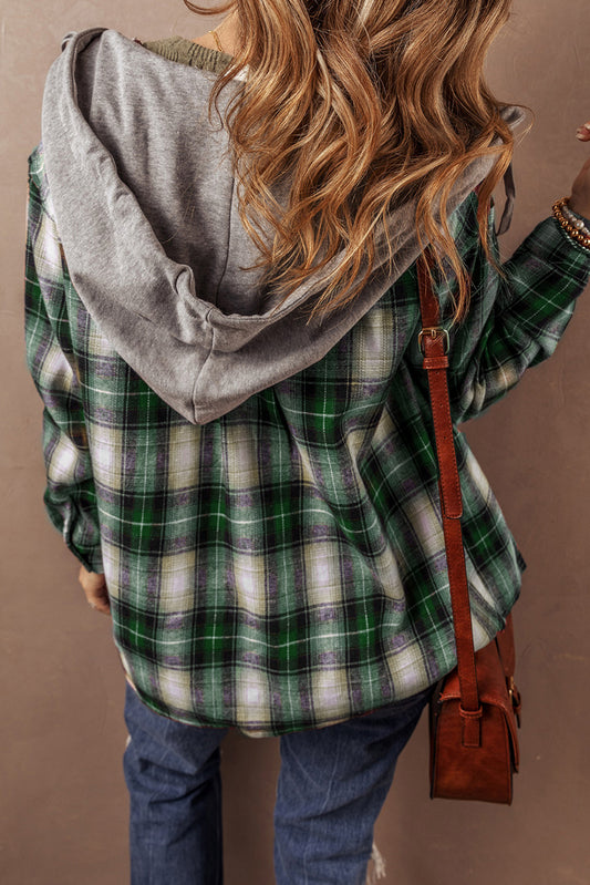 Sobrecamisa con Capucha Abotonada y Bolsillo en el Pecho con Estampado de Cuadros Verdes