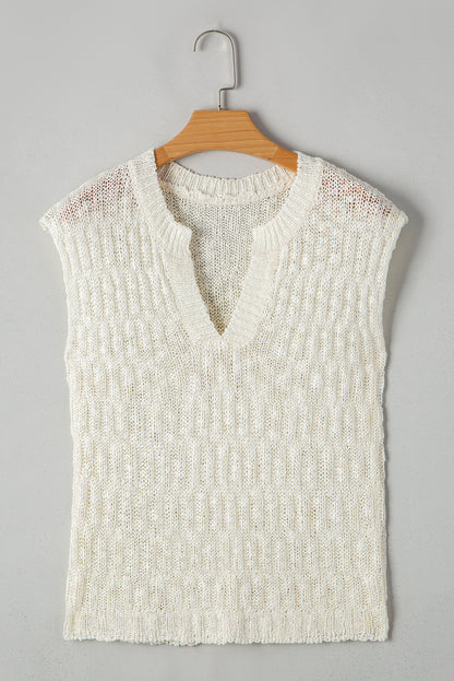 Beige Notched V Neck Short Sleeve Sweater - Snoopy's Closet