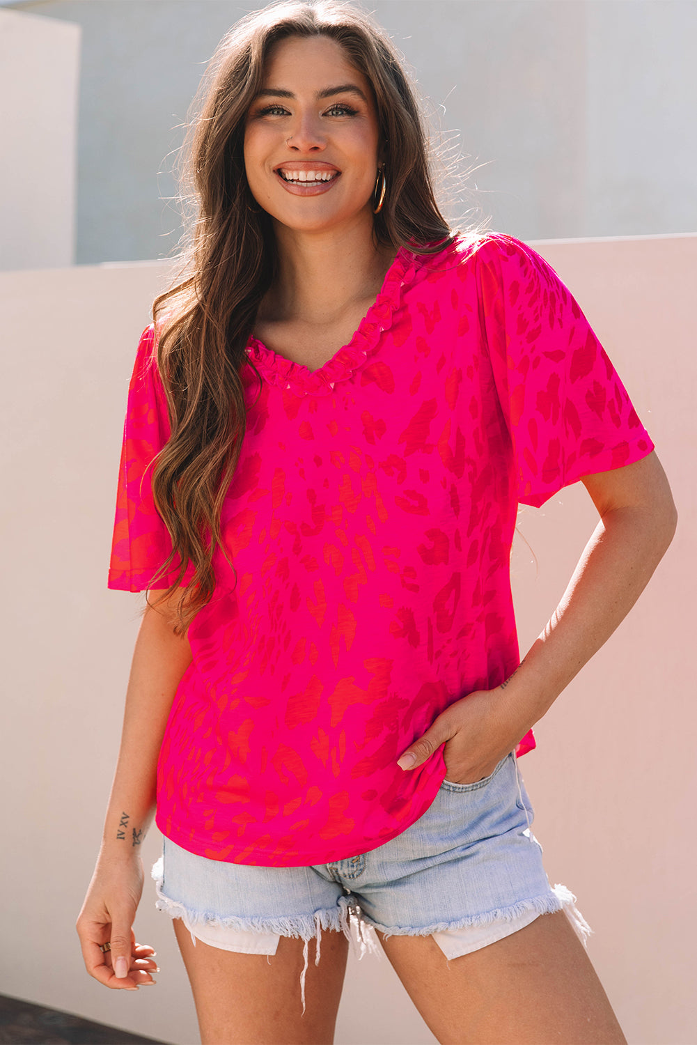 Rose Leopard Frilly V Neck Short Sleeve Blouse - Snoopy's Closet