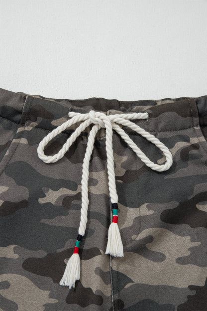 Green Camouflage Print Striped Side Panel Patchwork Drawstring Pants
