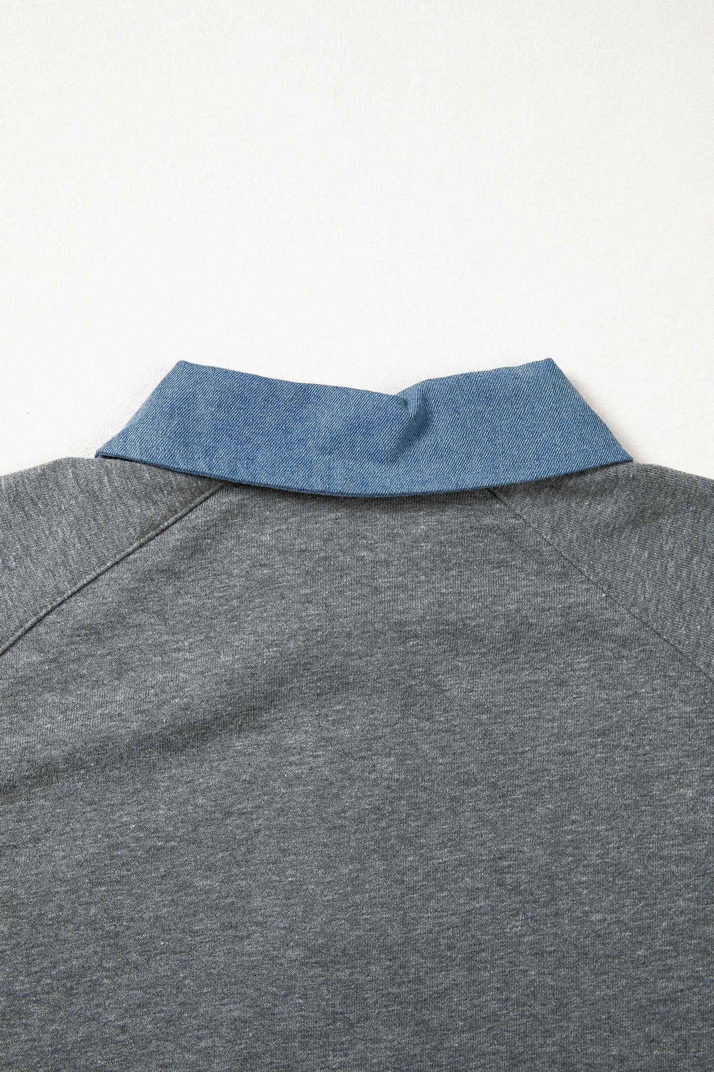 Carbon Grey Denim Color Block Patchwork Shirt Collar Short Sleeve Blouse