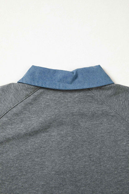Carbon Grey Denim Color Block Patchwork Shirt Collar Short Sleeve Blouse