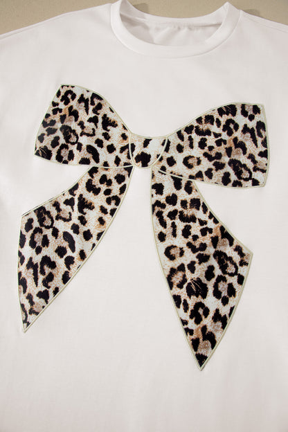 Vestido largo de manga corta con lazo de leopardo y contraste blanco