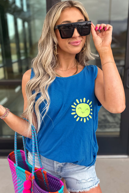 Blue Sun Graphic Casual Tank Top - Snoopy's Closet