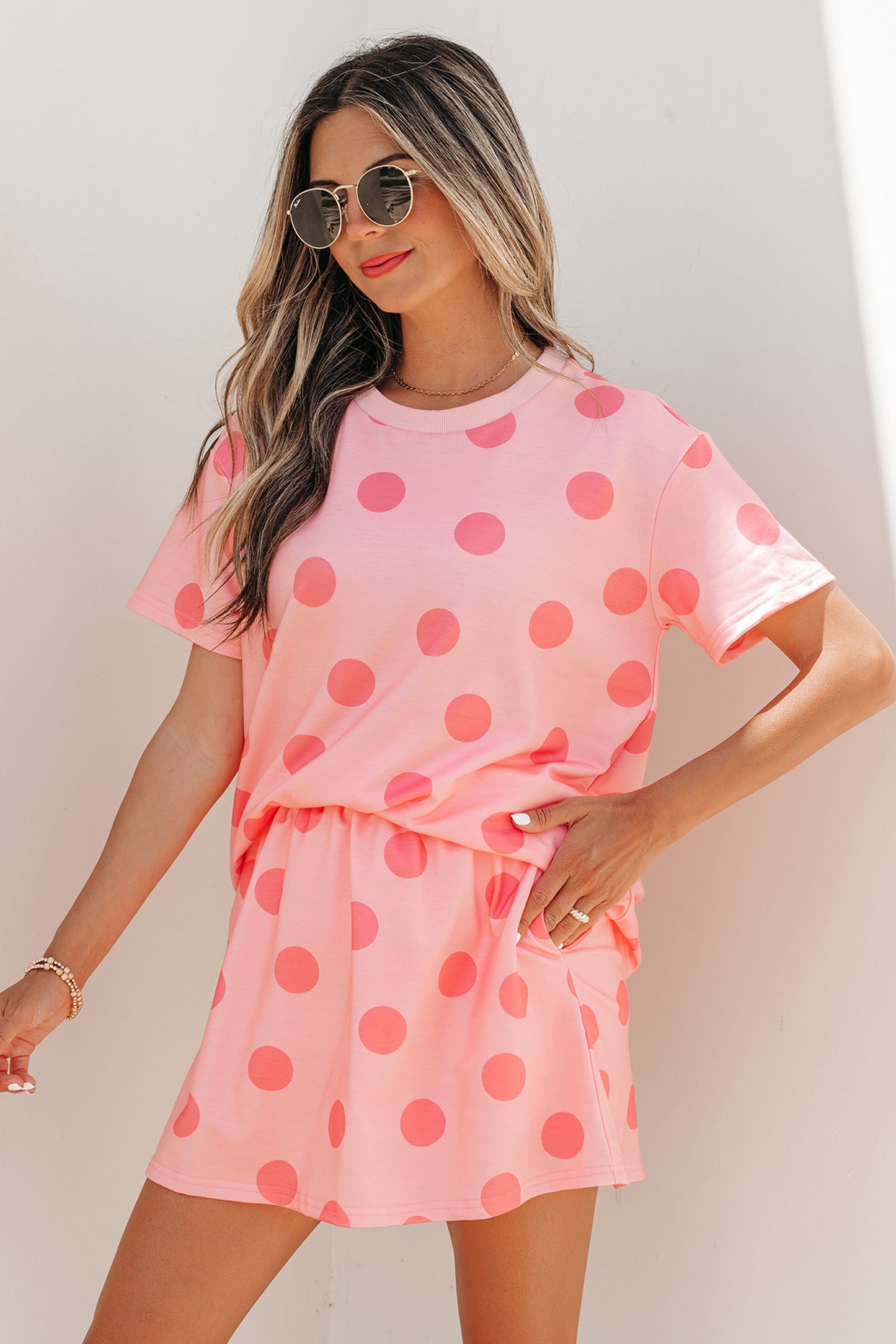 Pink Polka Dot Short Sleeve Top Casual Skort 2pcs Outfit - Snoopy's Closet