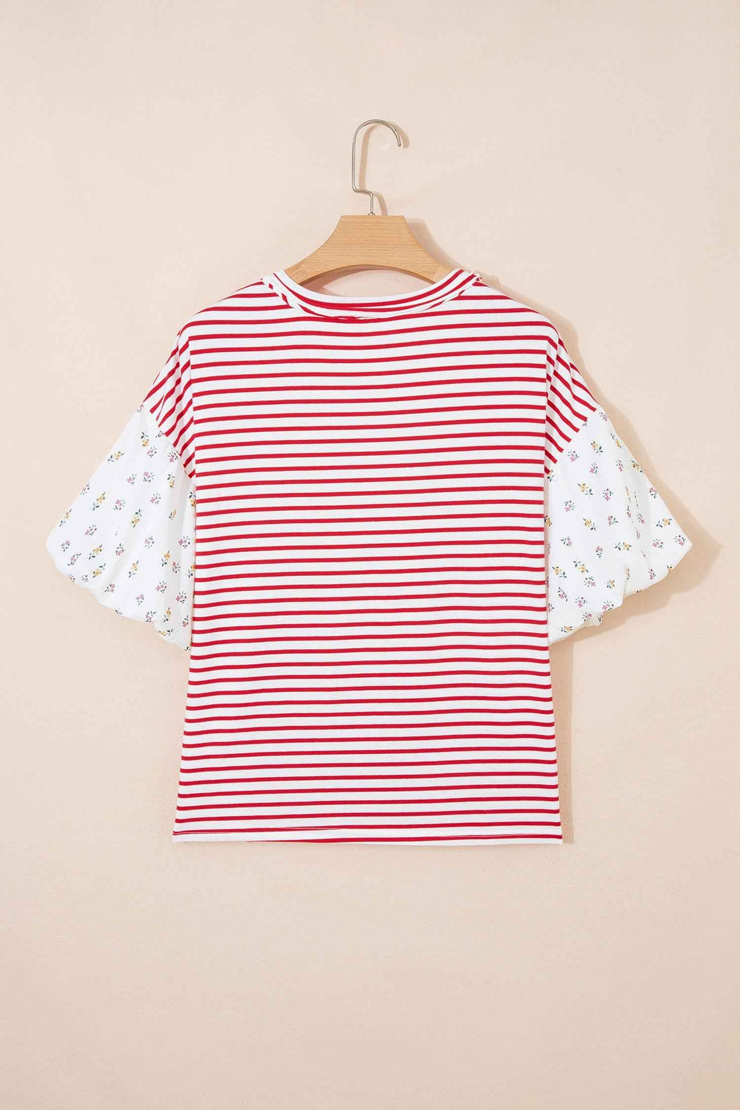 Red Stripe Floral Puff Sleeve Patchwork Round Neck Loose Top
