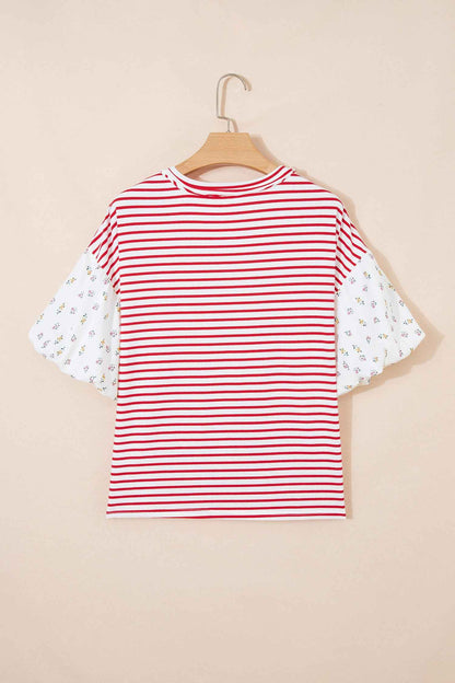 Red Stripe Floral Puff Sleeve Patchwork Round Neck Loose Top