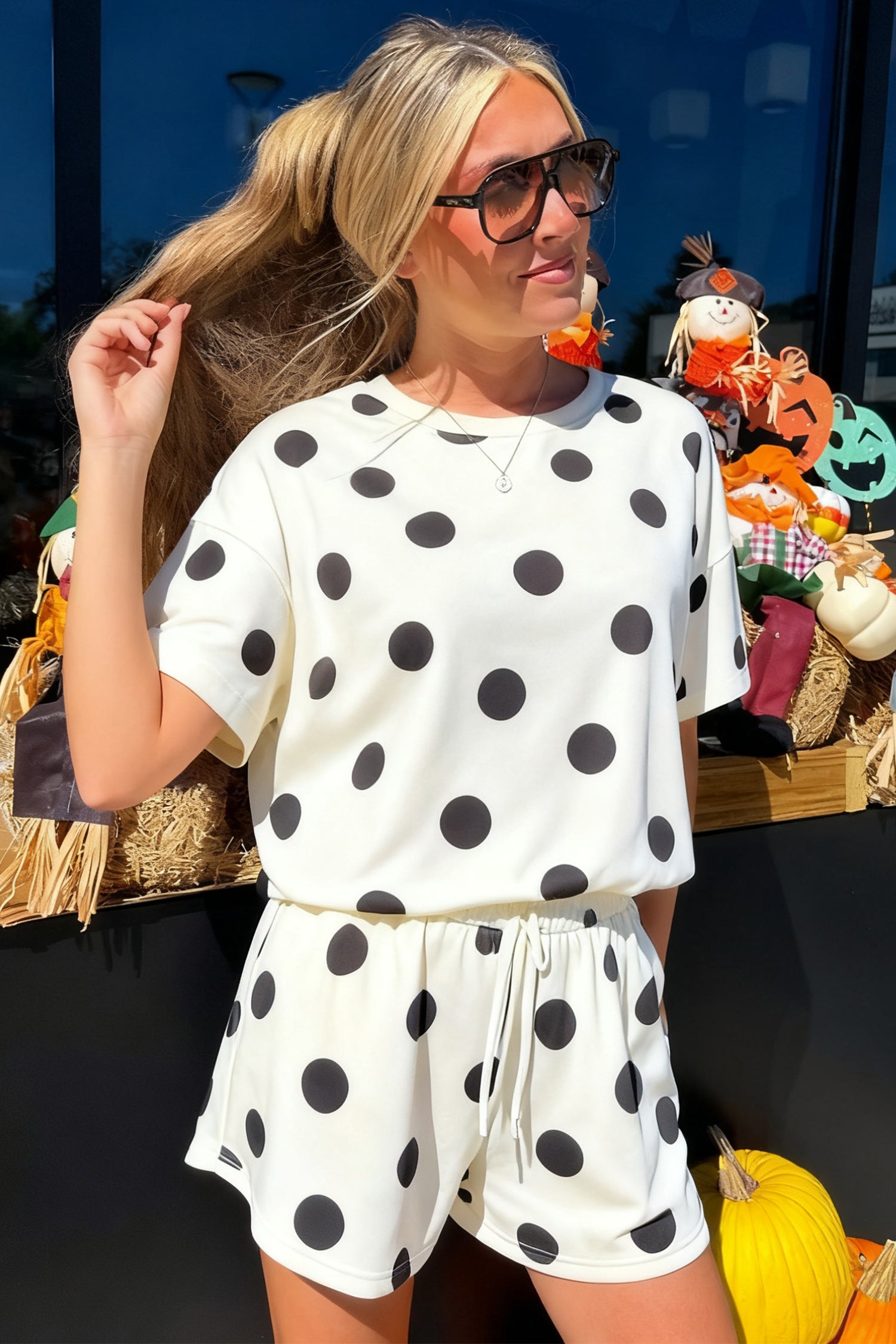 Black Polka Dot Print Loose Tee Drawstring Elastic Waist Short Set - Snoopy's Closet