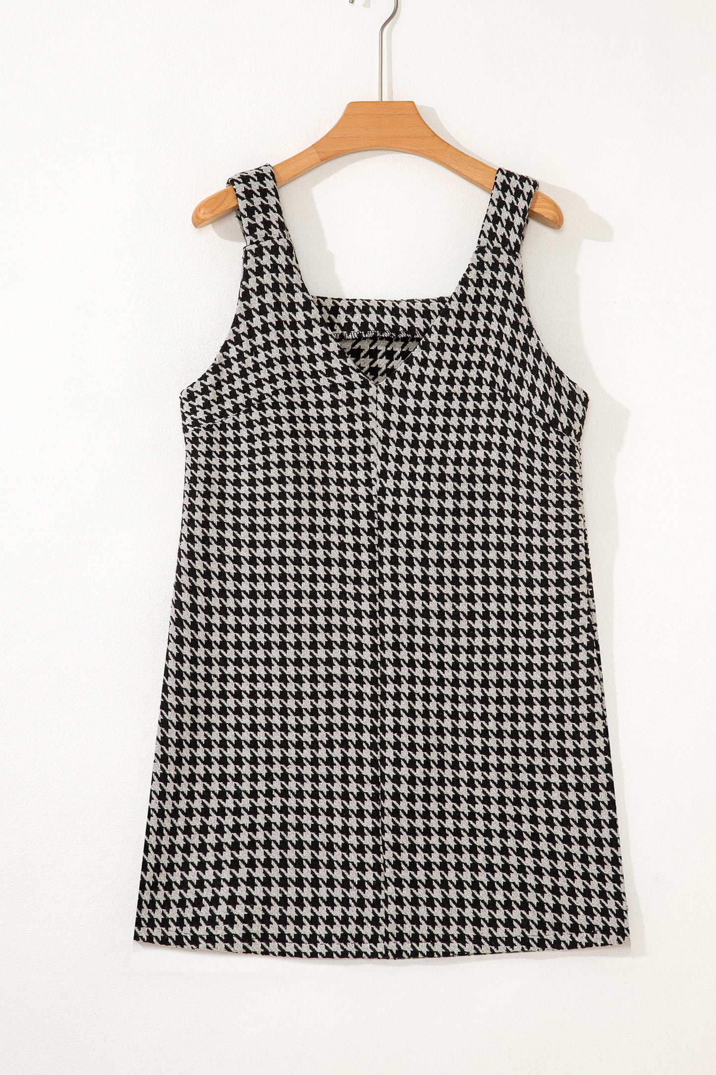Khaki Houndstooth Print V Neck Sleeveless Mini Dress - Snoopy's Closet