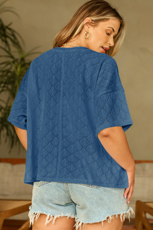 Top suelto con cuello en V de punto calado de rombos azul cielo talla grande