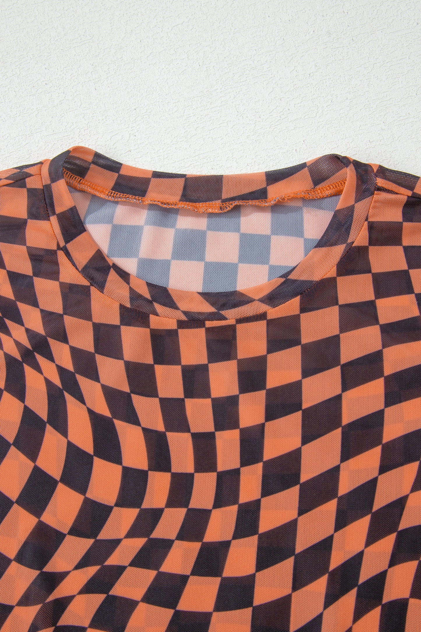Orange Checkered Print Crew Neck Mesh T Shirt - Snoopy's Closet