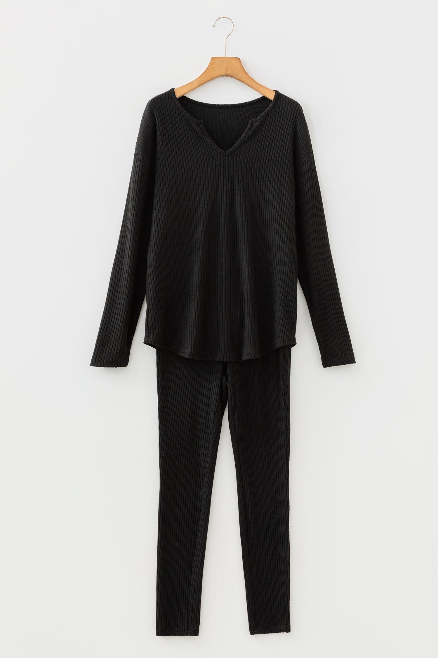 Black Ribbed Notched Neck Knit Long Sleeve Leggings Two Pieces Lounge Set - Snoopy's Closet