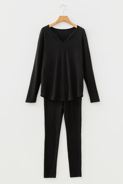 Black Ribbed Notched Neck Knit Long Sleeve Leggings Two Pieces Lounge Set - Snoopy's Closet