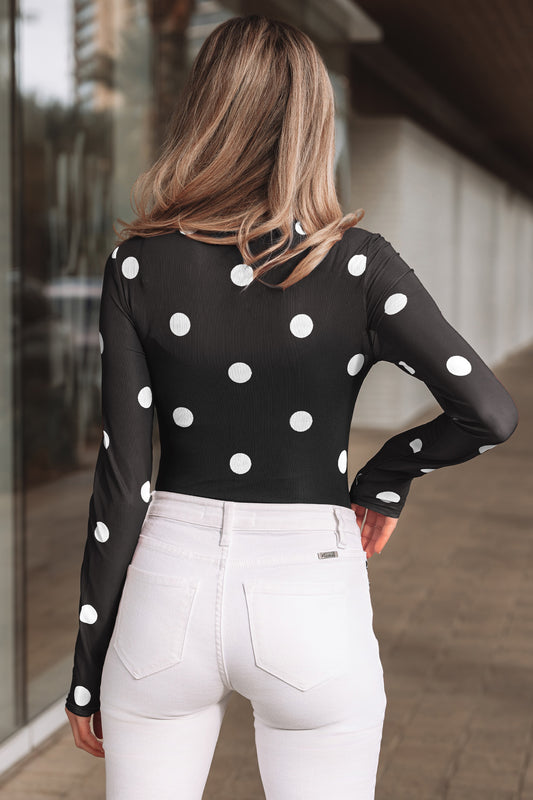 Black Vintage Polka Dot Print Mesh Long Sleeve Bodysuit - Snoopy's Closet