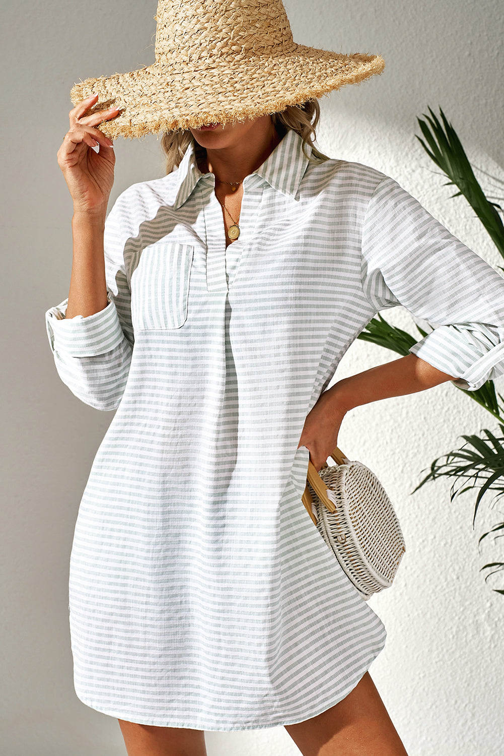 White Stripe Collared V Neck Chest Pocket Long Sleeve Beach Cover up - Snoopy's Closet