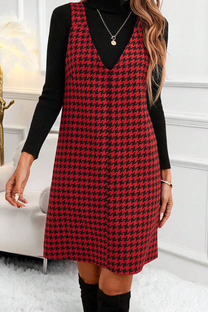 Red Houndstooth Print V Neck Sleeveless Mini Dress - Snoopy's Closet