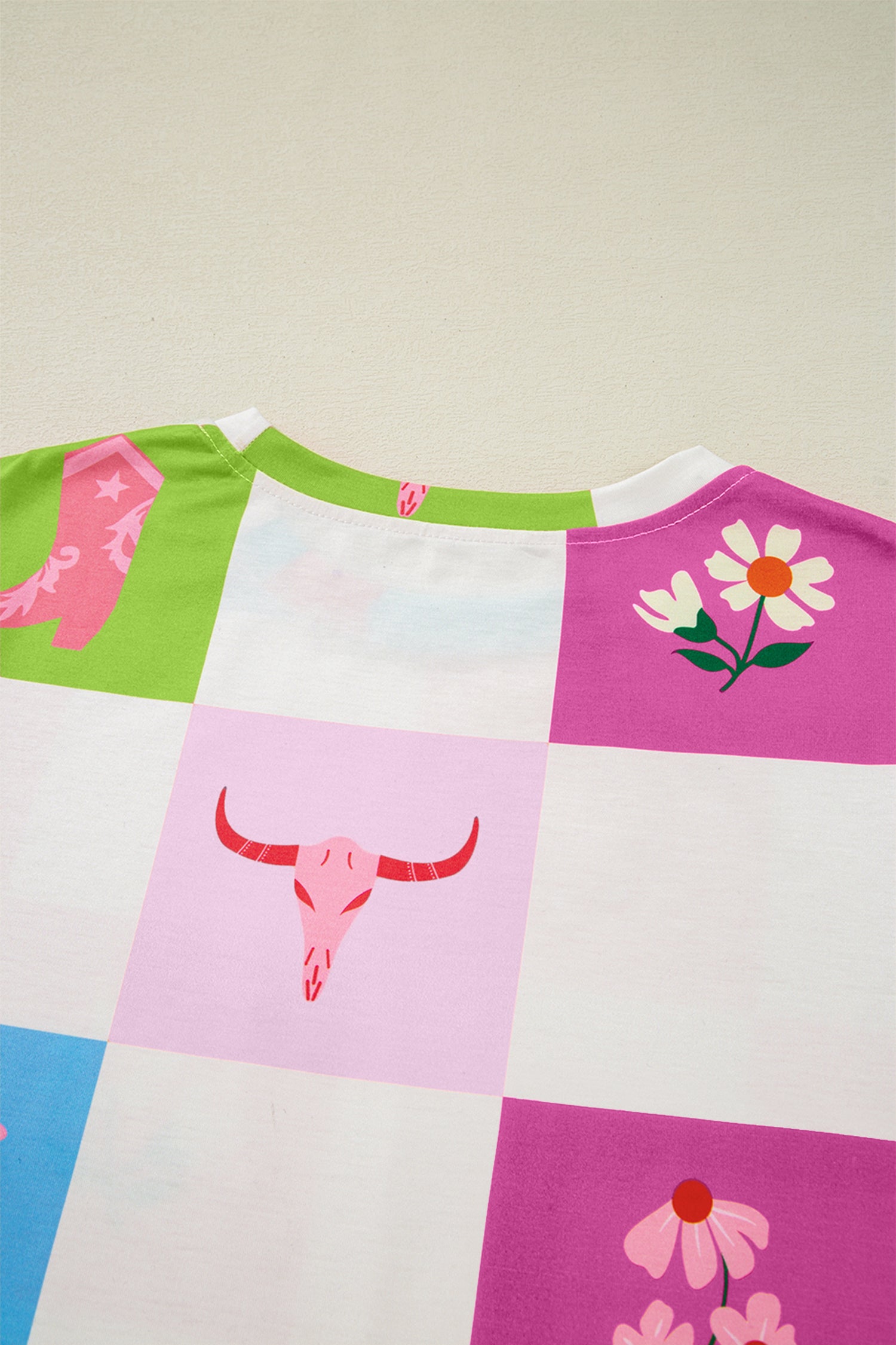 Purple Western Fashion Checker Print Crewneck T Shirt - Snoopy's Closet