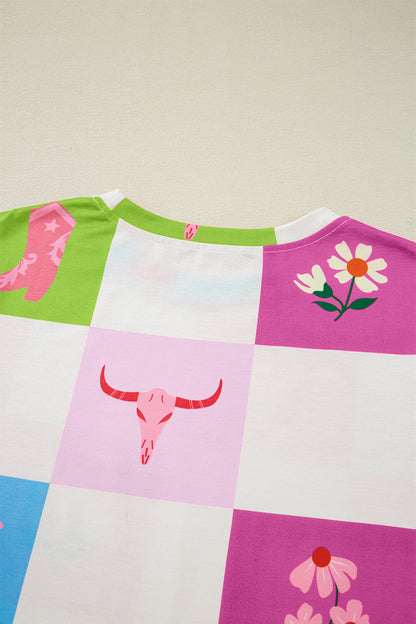 Purple Western Fashion Checker Print Crewneck T Shirt - Snoopy's Closet
